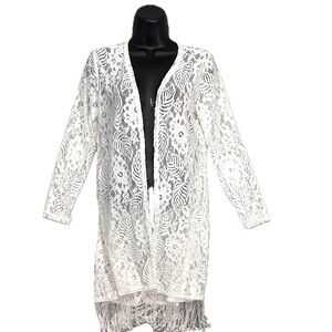 White Lace/ Fringe Kimono, Duster, coverup, Western Festival coastal cowgirl